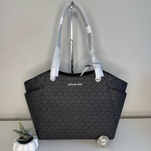 Michael Kors Jet Set Travel Large Shoulder Chain Tote Bag MK Black + Purse Hook